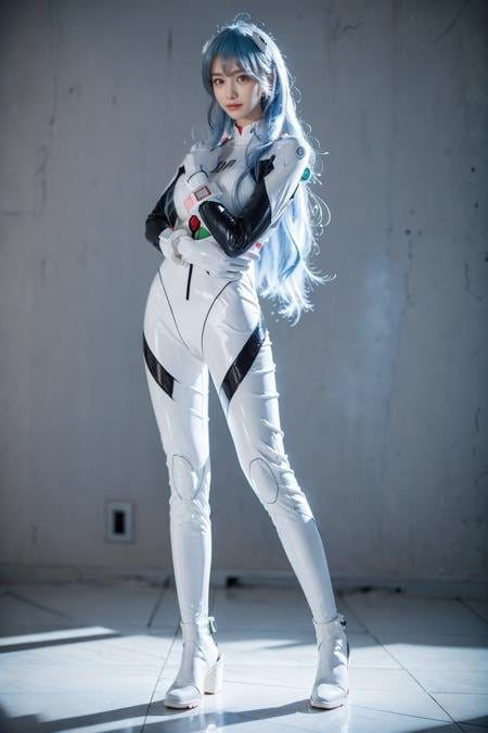 best quality, masterpiece, photorealistic, 1girl, solo, looking at viewer, bangs, full body, closed mouth, expressionless, ayanami_cosplay_costume, plugsuit, blue hair, ayanami rei, pilot suit, cosplay, long hair, interface headset, hairpods, gloves, bracer, skin tight, simple background, <lora:ayanami_cosplay_costume_v2:0.65>