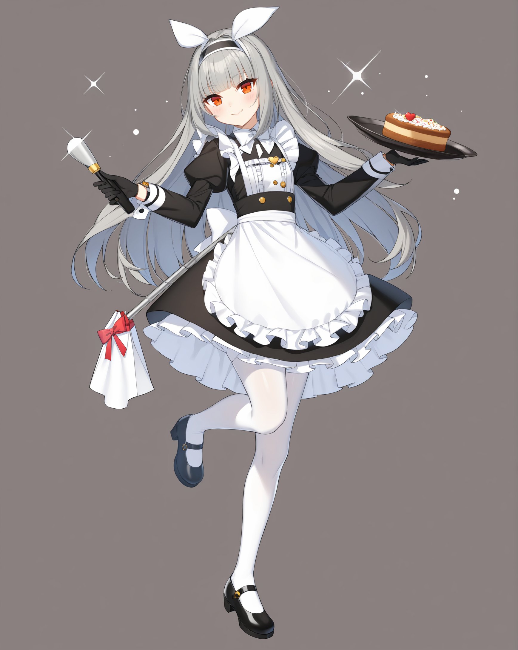 <lora:closers-000003:1>,(masterpiece),(bestquality),closers, (((tina_\(closers\)))), 1girl, long hair, animal ears, white legwear, solo, thighhighs, bow, dress, black footwear, shoes, white background, gloves, heart, apron, long sleeves, hair bow, holding, very long hair, black dress, standing on one leg, black bow, eyebrows visible through hair, standing, full body, bangs, looking at viewer, frills, blush, closed mouth, grey hair, smile, puffy sleeves, white apron, flower, simple background, red eyes, maid, white flower, mary janes, leg up, puffy long sleeves, silver hair, frilled dress, food, brown eyes, maid apron, white bow, loafers, juliet sleeves, ribbon, high heels, fake animal ears, black gloves, head tilt, breasts, pantyhose, small breasts, floating hair, sparkle, bowtie, watch, sleeves past wrists, black ribbon, orange eyes, sidelocks, white neckwear, hair between eyes, waist apron, black skirt, hairband, blunt bangs, hair ornament