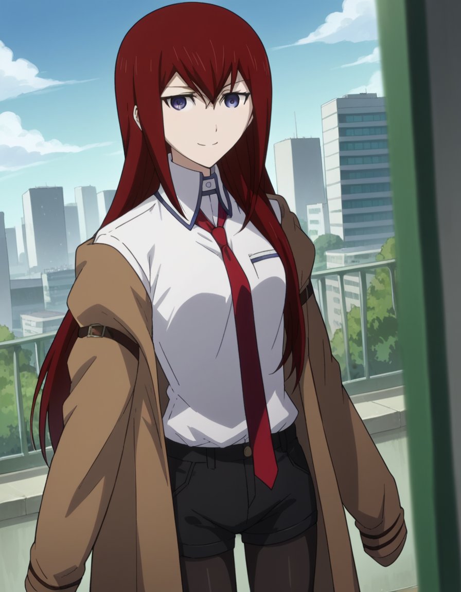 score_9, score_8_up, score_7_up, source_anime,kurisumakise, <lora:kurisu-makise-s1-ponyxl-lora-nochekaiser:1>,kurisu makise, hair between eyes, hair over shoulder, long hair, purple eyes, red hair, straight hair,black pantyhose, black shorts, brown coat, coat, collared shirt, long sleeves, necktie, pantyhose, pantyhose under shorts, shirt, short shorts, shorts, sleeves past wrists, white shirt, wing collar,outdoors, cityscape, smile,looking at viewer, cowboy shot, solo, dutch angle,