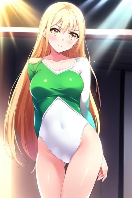 masterpiece, best quality, <lora:gymnasticsv5-08:0.7> 1girl, green leotard, white leotard, two-tone leotard, blonde hair, very long hair, yellow eyes, thighs, light rays, sunbeam, day, outside, closed mouth, serious