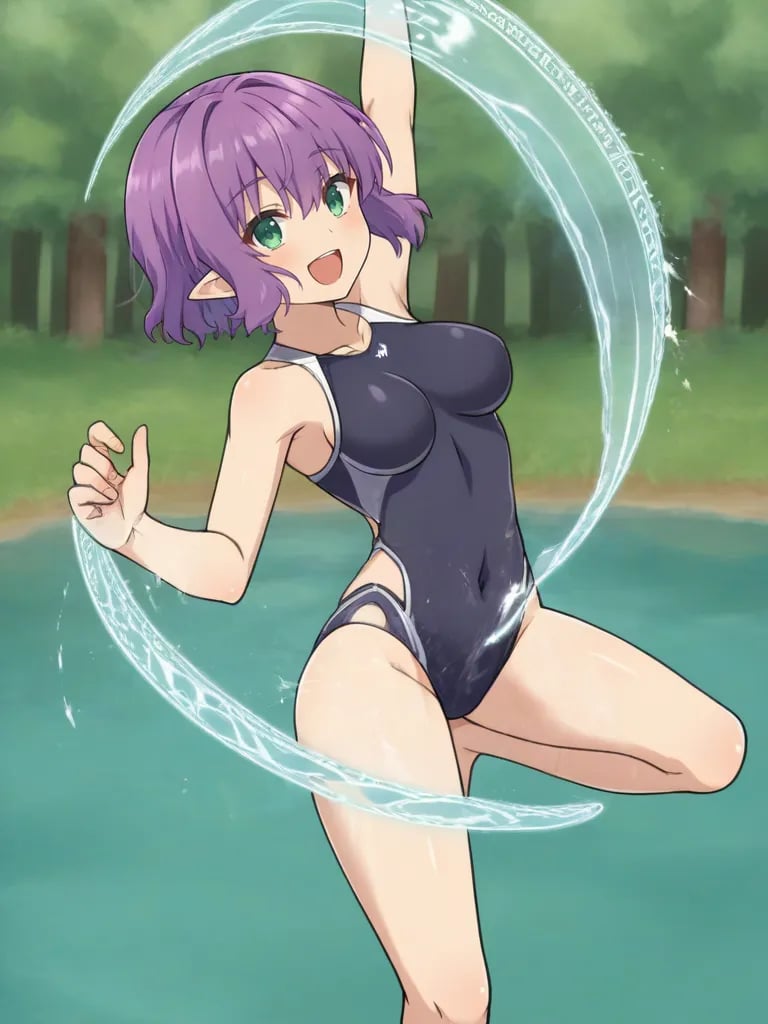 <lora:noelgmeister2pony:0.7>1girl, solo, noelgm2, purple hair, short hair, green eyes, pointy ears, medium breasts, black swimsuit, outdoors, lake, water splash, dancing, magic circle, open mouth, smile, looking at viewer