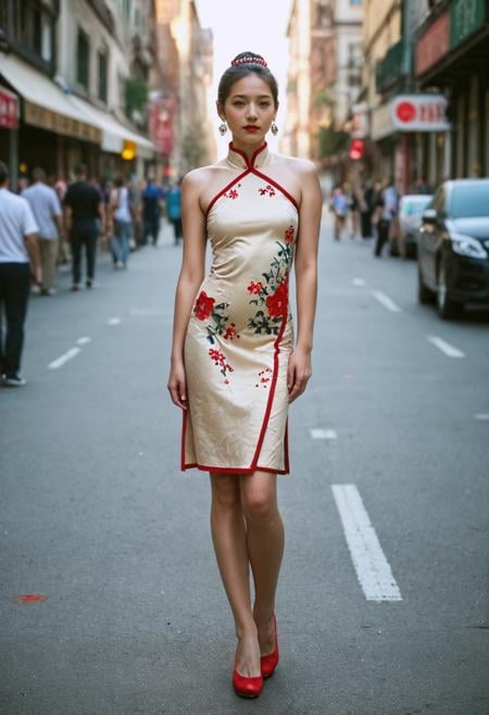 score_9,score_8_up,score_7_up,score_6_up BREAK source_real,raw,photo,realistic BREAK masterpiece,best quality,realistic,1Girl,solo,full body,red lips,fair_skin,Chinese clothes,bare shoulders,hair accessory,earrings,jewelry,floral print,looking at the audience,