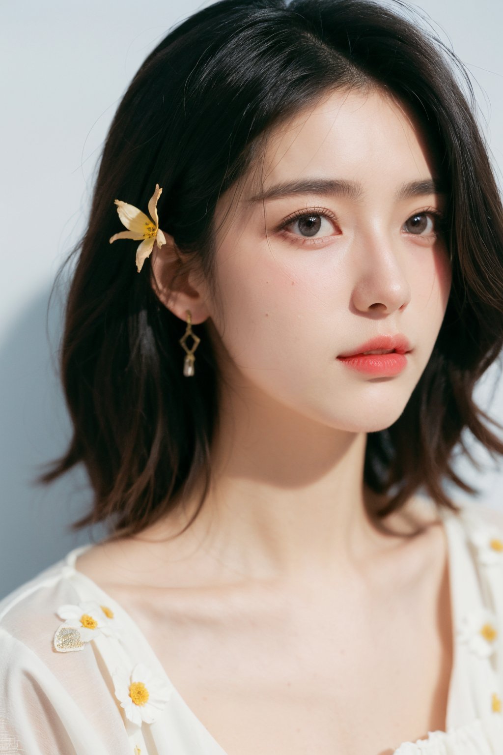 1girl,solo,black hair,short hair,jewelry,realistic,earrings,hair ornament,black eyes,lips,collarbone,flower,watermark,upper body,portrait,hair flower,dress,close_mouth,