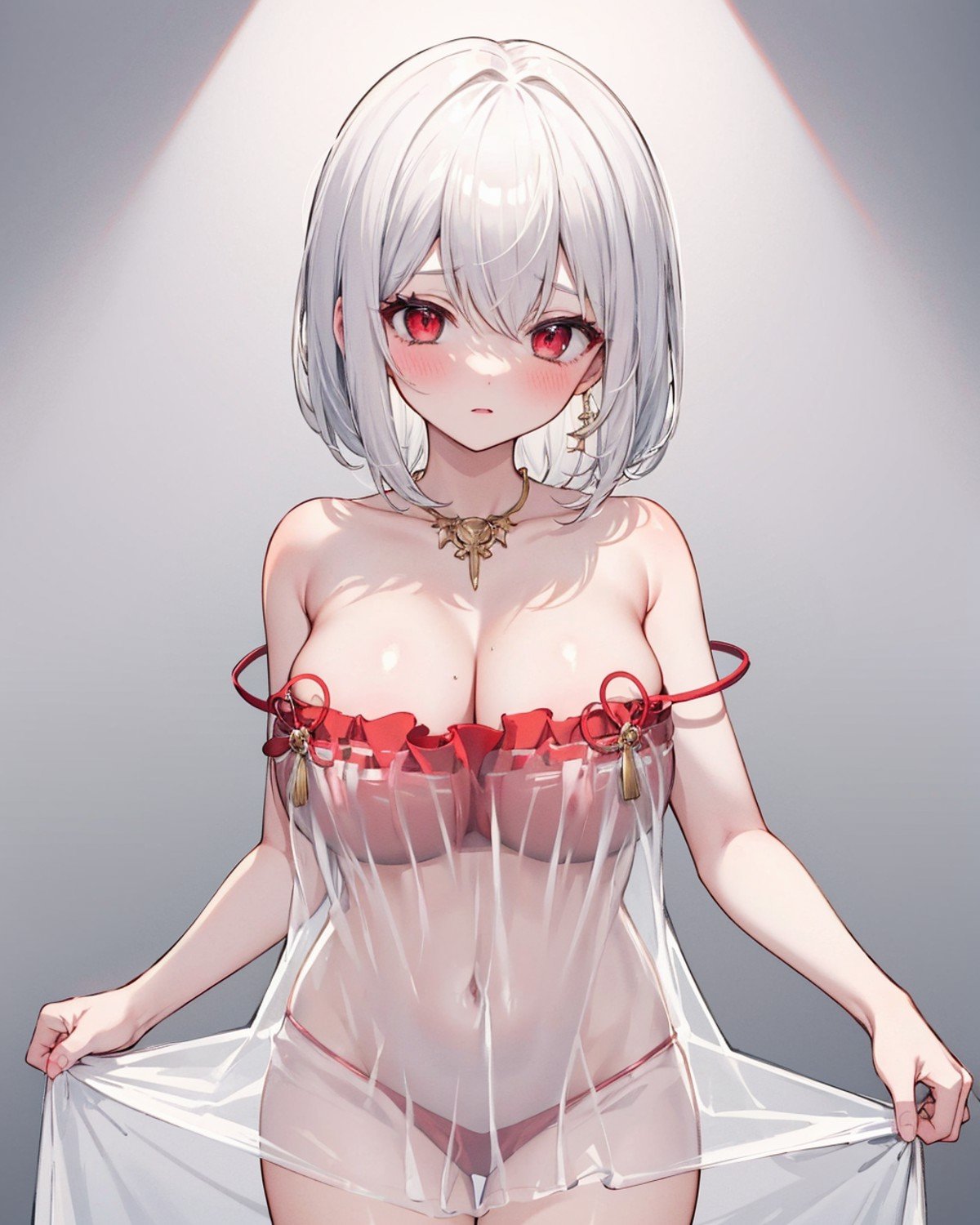 1girl, solo, white hair, large breasts, see-through dress, strap slip, red eyes, blush, <lora:SeeThroughDressOfNagato:1>