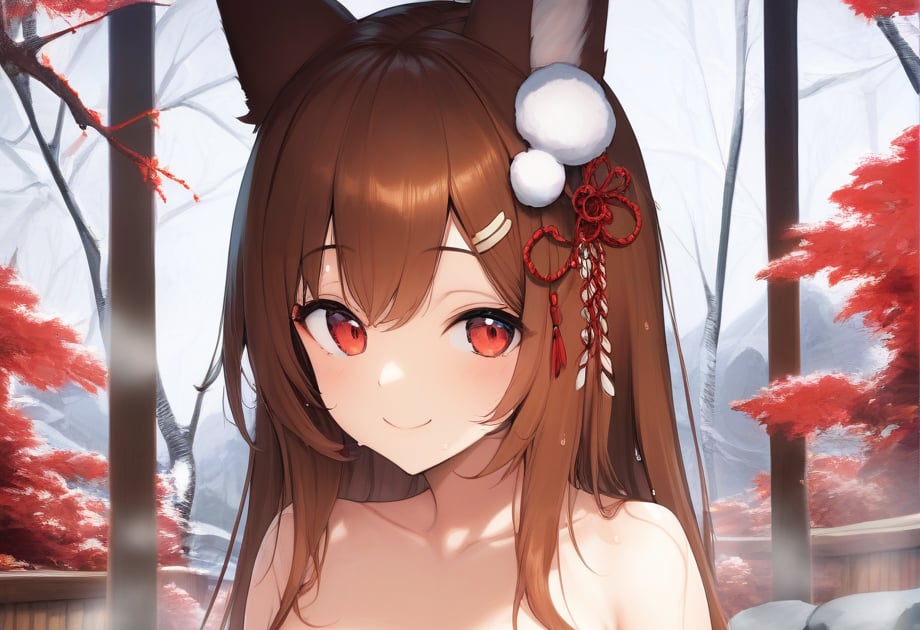 1girl, long hair, animal ears, brown hair, score_9, red eyes, smile, outdoors, tree, fox tail, looking at viewer, hair ornament, medium breasts, onsen, bathing, submerged,  covering breasts, 