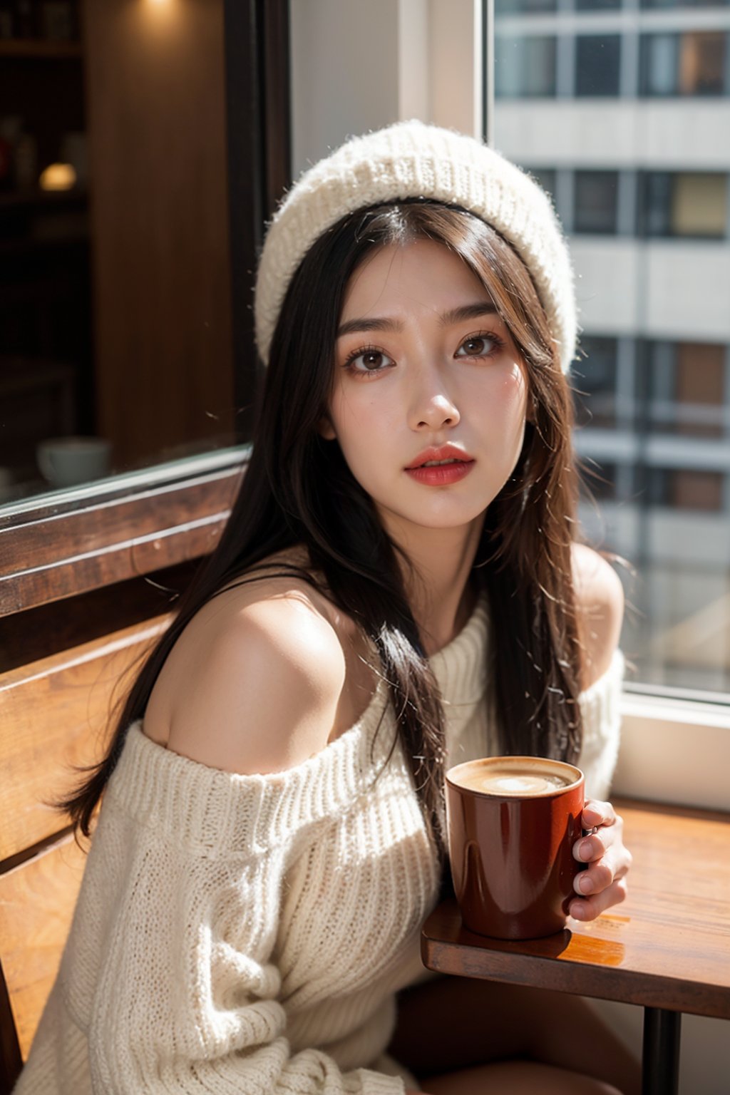 1 girl,solo,fine art photography,close up, black hair,Sitting at a table in a coffee shop,(Looking out of the window:1.2), A beige sweater, realistic,Long straight hair,A hat made of wool,indoor,bare shoulders,red lips,coffee cup, coffee,Volume lighting,Light and dark light