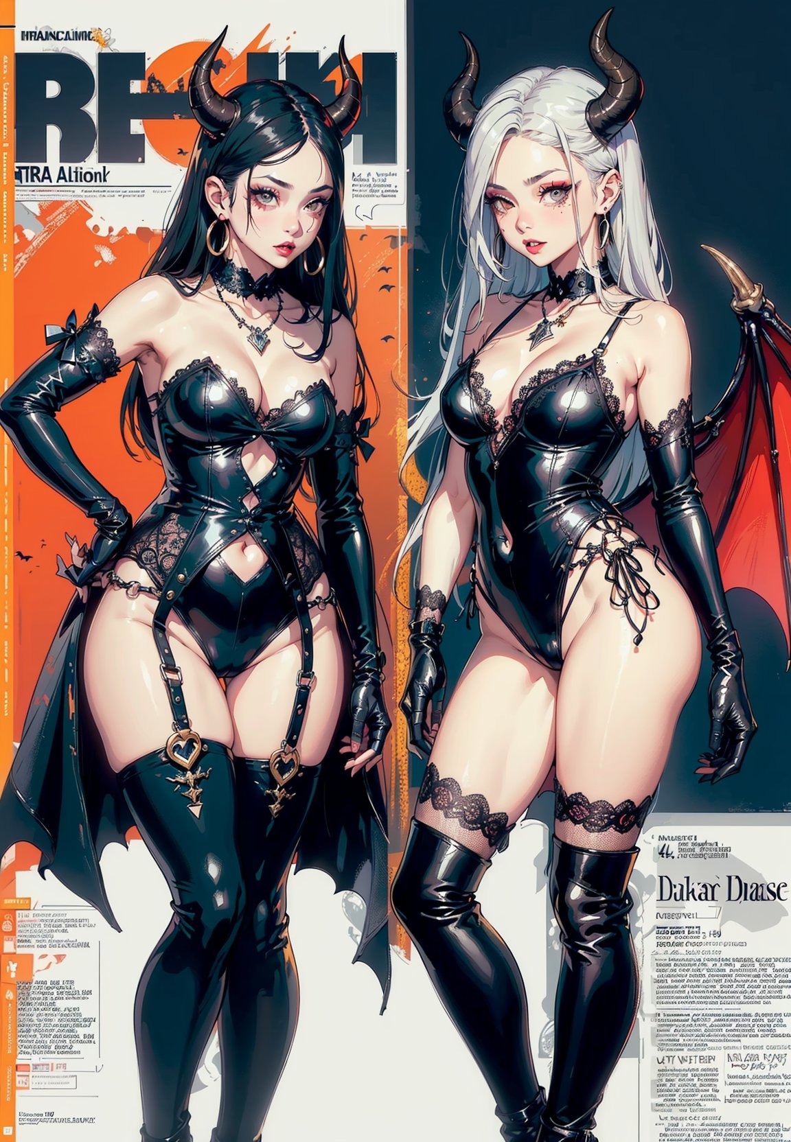 (masterpiece:1.4, best quality:1.4), illustrations, (group:1.5), (original), (very detailed wallpaper), photographic reality, (ultra detailed:1.4), (super-complex detail), multiple characters, (cosplay:1.5), demon-themed, (fashion magazine cover), (dynamic poses:1.2), (red|black hair), (demonic horns:1.3), (captivating gaze:1.1), (sultry smiles:1.2), (costume variations:1.4), (tattered|elaborate:1.1) clothing, (leather|lace:1.3) fabrics, (vibrant colors:1.4), (silver|gold:1.2) accents, (intricate patterns:1.3), (bat|dragon:1.2) wings, (tail accessories:1.1), (chokers|necklaces:1.1), (oversized|delicate:1.2) earrings, (fashion-forward:1.5) footwear, (knee-high boots|stiletto heels:1.0), (fitted gloves|armbands:1.0), (demon-inspired:1.3) makeup, (bold|expressive:1.2) hairstyles, (catchy headlines:1.5), (magazine title:1.3), (modern|trendy:1.4) style, (fashion|lifestyle:1.1) focus, (attention-grabbing:1.2) text, (dynamic|colorful:1.1) background.