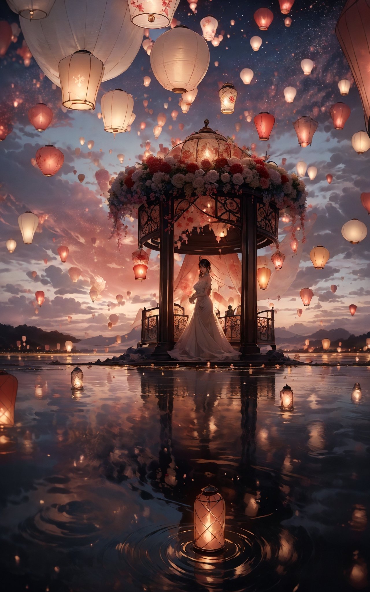 sky lantern，masterpiece, best quality, 32k uhd, insane details, intricate details, hyperdetailed, hyper quality, high detail, ultra detailed, Masterpiece, (Real water，Realistic water，flowing water:1.1)，ripples，(red  sky:1.4),(Wedding dress, veil, gown gloves, gloves:1.4), necklace,earrings,A whimsical sight of paper lanterns floating against the twilight sky, captured in a wide view by Tim Walker.    The lanterns cast a warm glow, creating a dreamlike tableau that melds tradition with beauty, i can't believe how beautiful this is, dream-like atmosphere，<lora:绪儿-孔明灯 sky lantern:0.8>
