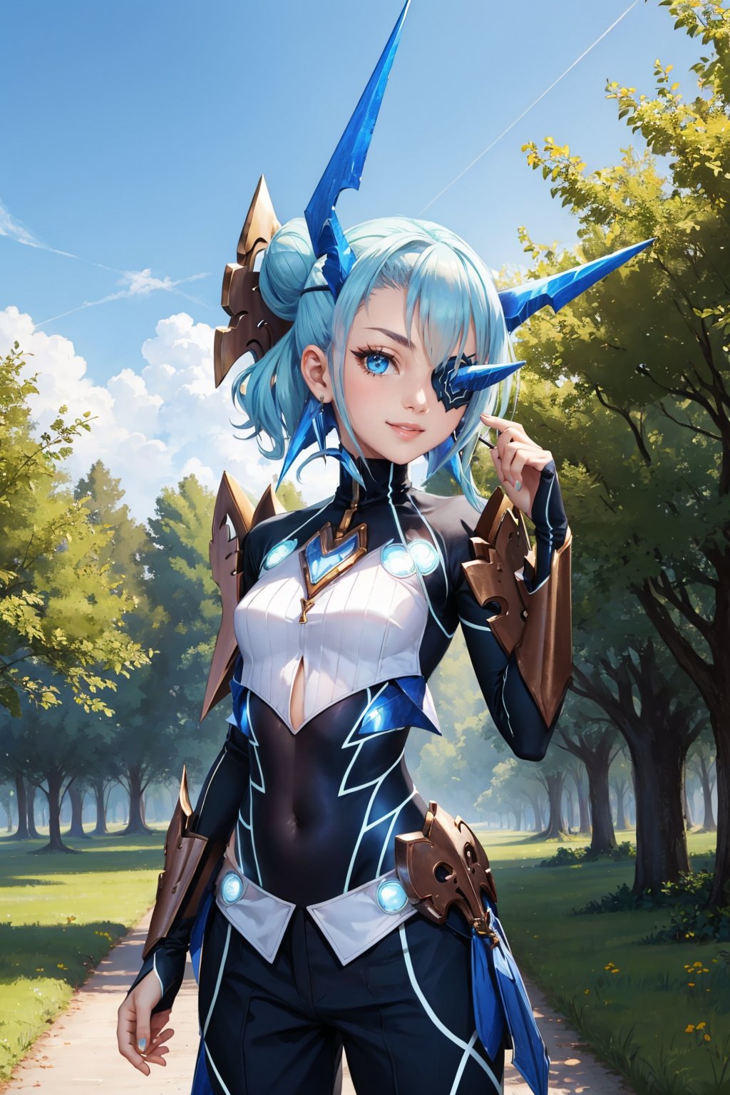 masterpiece, best quality, 1girl,  <lora:xctheory-nvwls-v1-000009:0.9> xcTheory, single hair bun, horns, hair ornament, eyepatch, bodysuit, armor, black pants, looking at viewer, smile, forest, blue sky