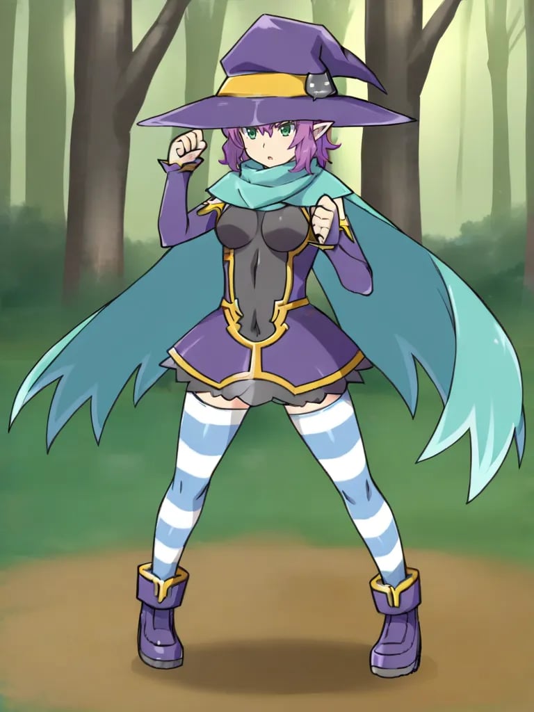 <lora:noelgmeister2pony:0.7>1girl, solo, noelgm2, purple hair, short hair, green eyes, pointy ears, witch hat, dress, detached sleeves, cape, striped thighhighs, boots, standing, forest, fight stance, full body, serious, parted lips