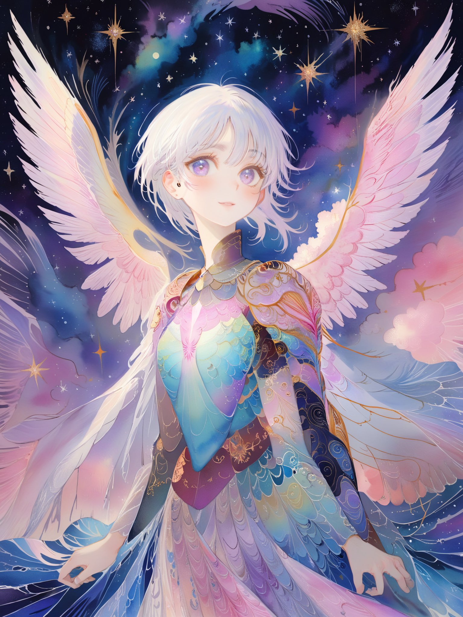 (masterpiece, best quality, watercolor, official art:1.2),(stunning celestial being:1.3),(iridescent wings:1.4),shimmering silver hair,piercing sapphire eyes,gentle smile,(luminous aura:1.2),soft focus,whimsical atmosphere,serene emotion,dreamy tone,vibrant intensity,inspired by Hayao Miyazaki's style,ethereal aesthetic,pastel colors with (soft pink accents:1.1),warm mood,soft golden lighting,diagonal shot,looking up in wonder,surrounded by (delicate clouds:1.1) and (shimmering stardust:1.2),focal point on the being's face,intricate textures on wings and clothes,highly realistic fabric texture,atmospheric mist effect,high image complexity,detailed environment,subtle movement of wings,dynamic energy.,