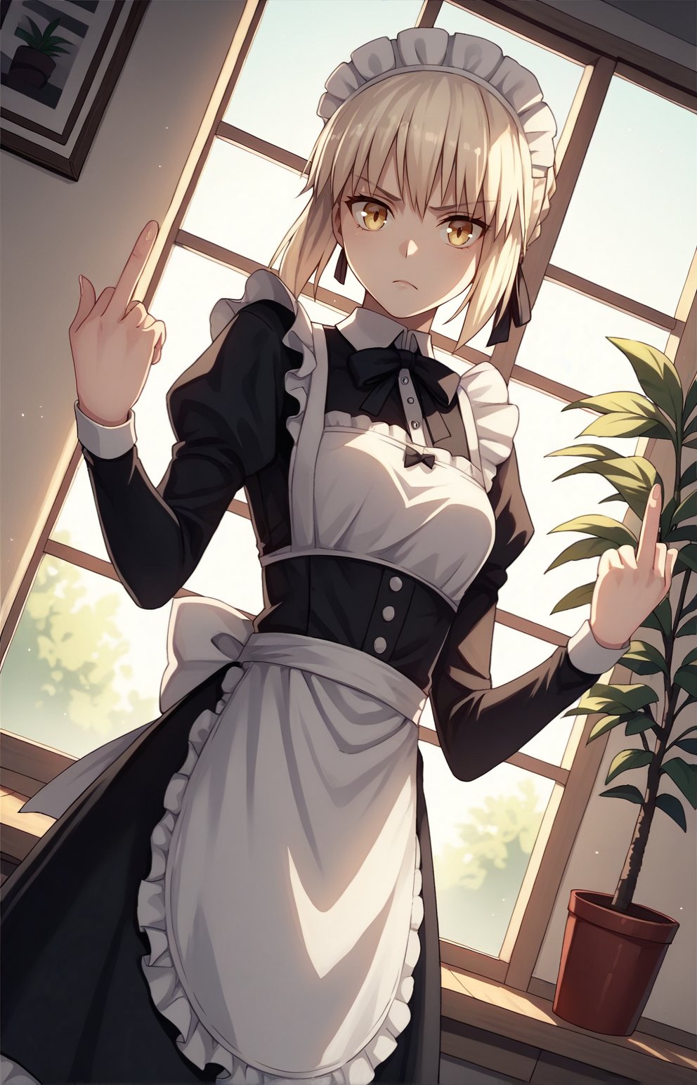 score_9, score_8_up, score_7_up, score_6_up, score_5_up, score_4_up, BREAK source_anime, 1girl, clothed, saber alter, indoors, potted plant, window, sunlight, by kasumi \(skchkko\), looking at viewer, serious, dutch angle, maid uniform, braid, double middle finger, 