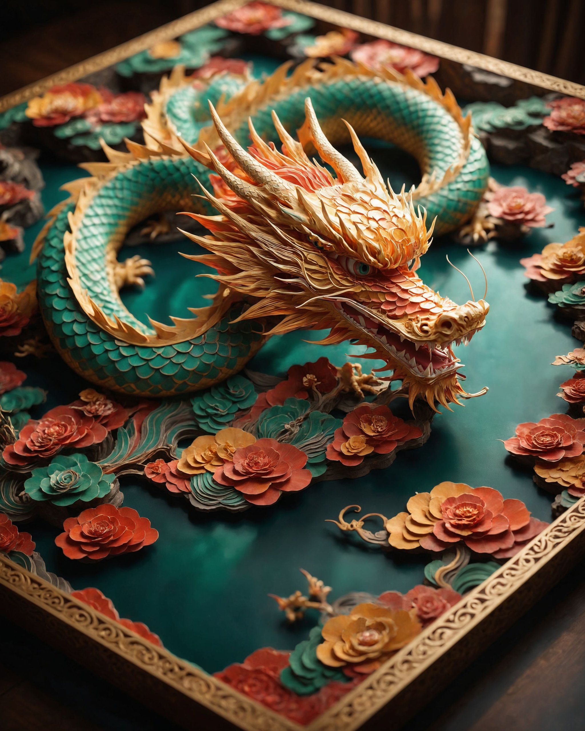 jianzhi,dragon,loong,super vista,super wide angle,<lora:jz1:0.6>,DSLR camera,shadow,8k,masterpiece,best quality,geometric patterns,intricately detailed,perfect balanced,deep fine borders,artistic photorealism,smooth,ethereal,painterly,epic,majestic,magical,fantasy art,cover art,dreamy,elegant,rich deep colors,ambient dramatic atmosphere,creative,perfect,beautiful composition,