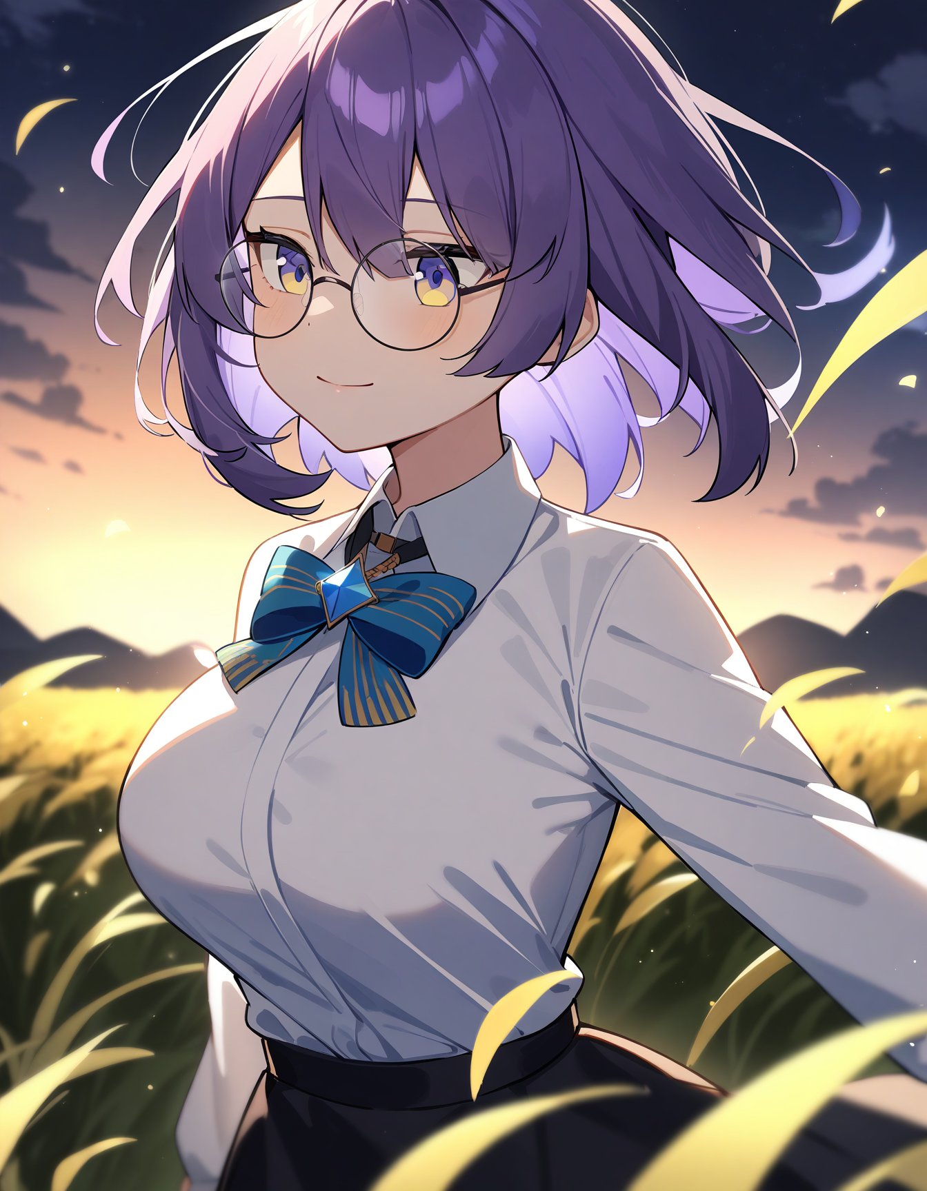 1girl, moona hoshinova, hololive indonesia, hololive,short hair, purple hair, streaked hair, round eyewear, white shirt, collared shirt, bowtie, large breasts, light smile, field, night, night sky, wind, masterpiece, best quality, very aesthetic, absurdres, 