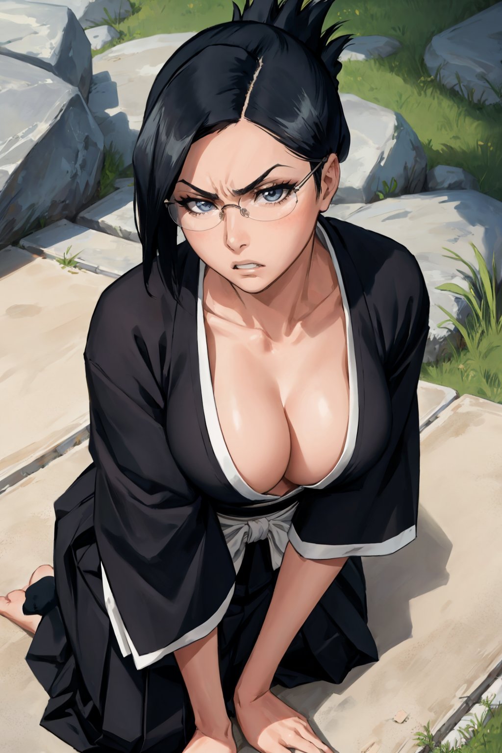 masterpiece, best quality, <lora:isenanao-nvwls-v1-000009:0.9> ise nanao, folded ponytail, glasses, black robes, sash, hakama skirt, all fours, from above, clenched teeth, furrowed brow, ground, angry, cleavage