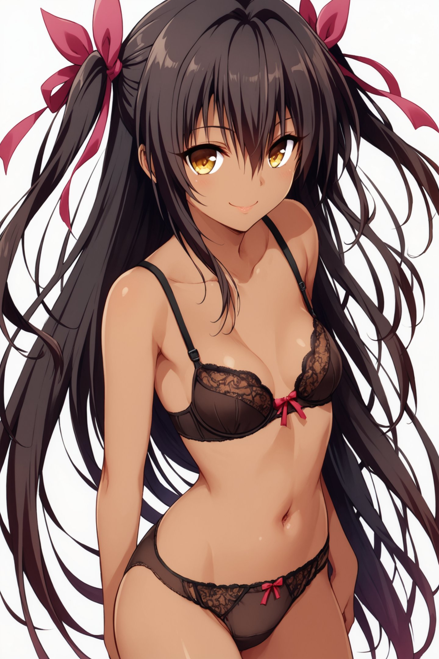 Nemesis,1girl,solo,long hair,underwear,bra,panties,underwear only,dark skin,very long hair,dark-skinned female,smile,navel,ribbon,breasts,looking at viewer,small breasts,hair ribbon,white background,brown panties,black bra,simple background,two side up,standing,hair between eyes,red ribbon,brown hair,black hair,brown bra,brown eyes,cowboy shot,pink ribbon,collarbone,black panties,lingerie,multicolored hair,yellow eyes,twintails,score_9,score_8_up,<lora:Yabuki Kentarou_XL_PONY_V2:0.8>,