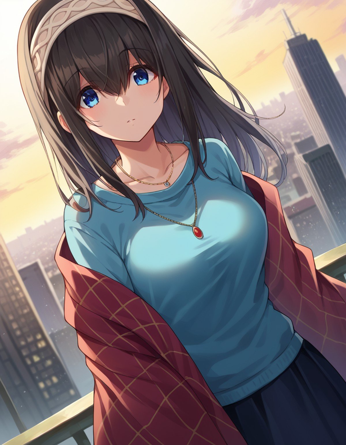 score_9, score_8_up, score_7_up, source_anime,fumikasagisawa, <lora:fumika-sagisawa-ponyxl-lora-nochekaiser:1>,fumika sagisawa, blue eyes, black hair, hairband, long hair, hair over eyes,blue sweater, collarbone, jewelry, necklace, shawl, sweater, skirt,outdoors, cityscape,looking at viewer, dutch angle, cowboy shot,