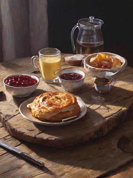 A detailed still life painting of a rustic breakfast setup on an old wooden table, with the texture of the bread crust, the transparency of the jam, and the shine on the coffee cup meticulously rendered.