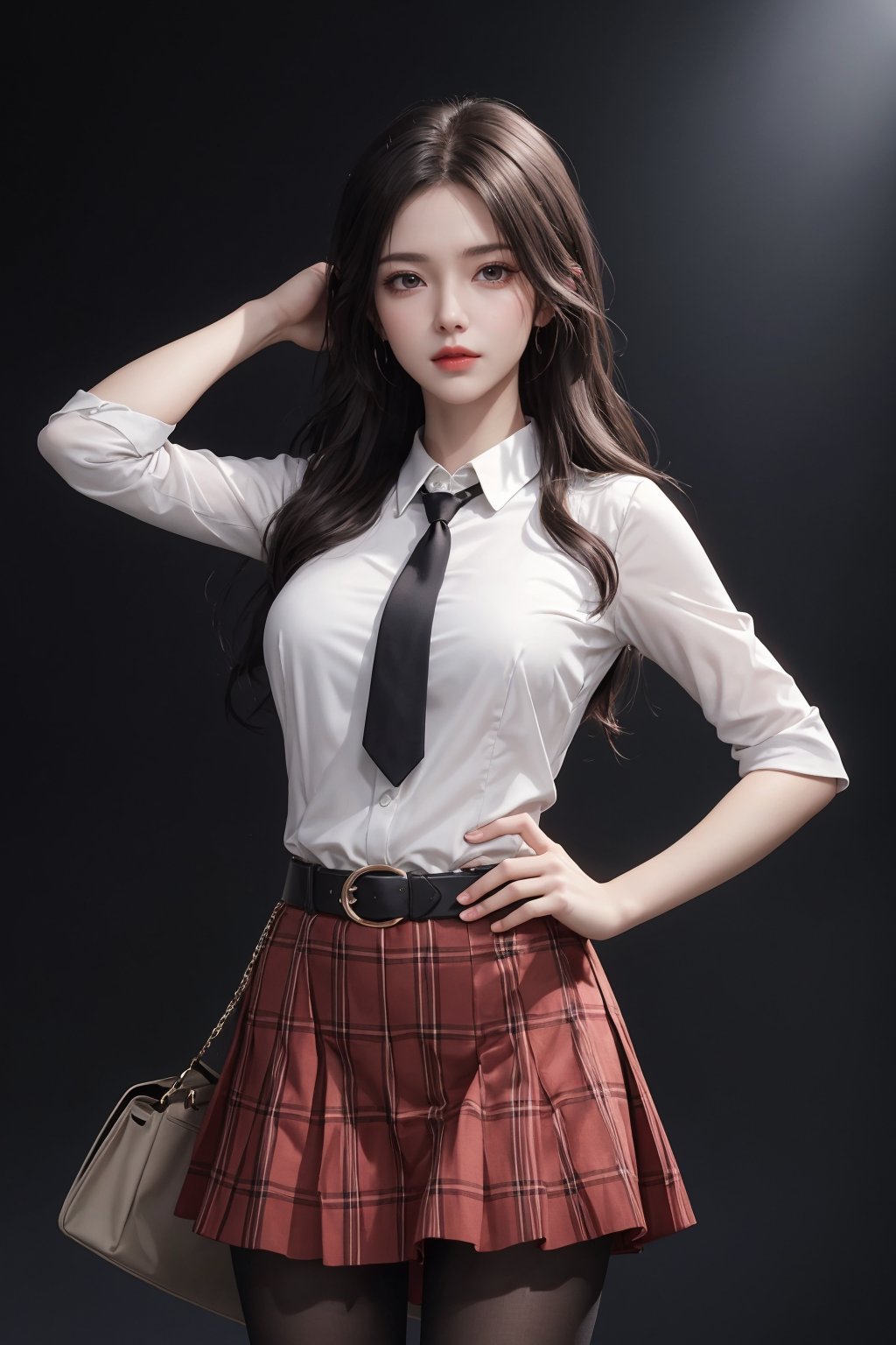 masterpiece,best quality,official art,extremely detailed CG unity 8k wallpaper,realistic,light rays,light particles,1girl,solo,skirt,pantyhose,plaid skirt,black hair,long  hair,pantyhose,standing,day,(simple background:1.2),necktie,dynamic pose,looking at viewer,cowboy shot,breasts,hand on hip,belt,lips, <lora:jk美女:0.8>