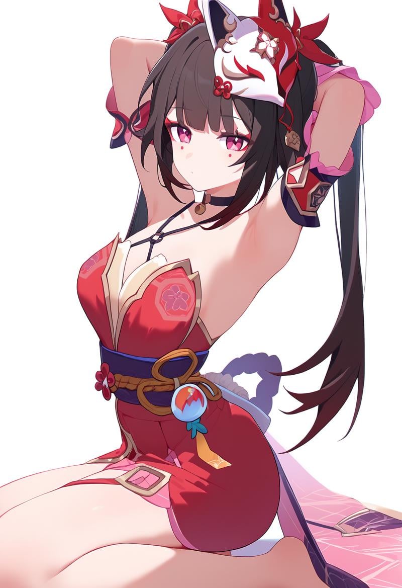 score_9,kneeling, arms behind head, seiza,solo,looking at viewer,flower,full body,simple background,white background,score_9,sparkle \(honkai star rail\),1girl,fox mask,solo,twintails,looking at viewer,bare shoulders,mask on head,red dress,black choker,<lora:pony_char_sparkle_(honkai_star_rail)-000013:1>