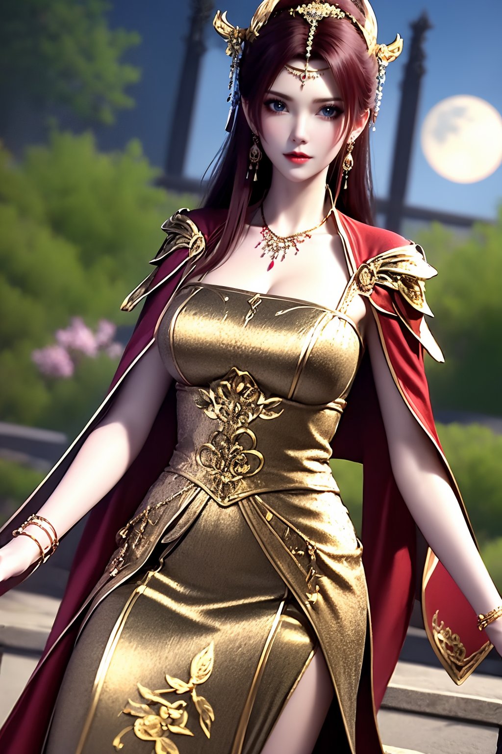 1girl, jewelry, red hair, solo, earrings, long hair, looking at viewer, red lips, dress, blurry, blurry background, armor, hair ornament, breasts, cape, outdoors, necklace, shoulder armor, parted lips, bracelet, moon, collarbone, night, gold trim, grey eyes, lips, makeup, red dress, cowboy shot, flower, blue eyes, standing, railing, red cape, realistic, large breasts, depth of field, lipstick, pauldrons, chinese clothes, breastplate, blush