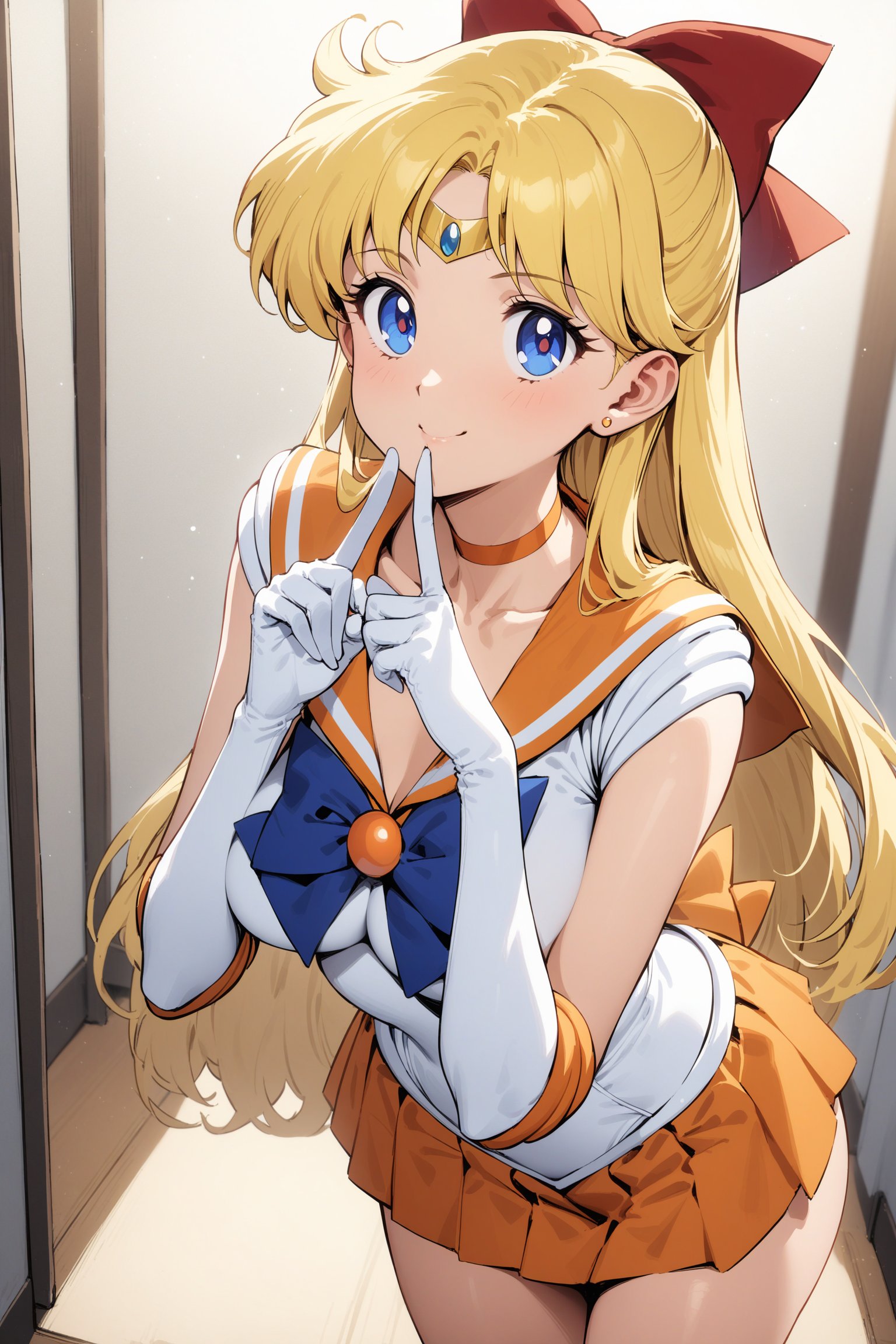 masterpiece, best quality, very aesthetic, absurdres, aavenus, long hair, blonde hair, hair bow, tiara, blue eyes, earrings, orange choker, collarbone, orange sailor collar, blue bowtie, white shirt, white leotard, elbow gloves, white gloves, pleated skirt, orange skirt,  <lora:sailor_venus_XL_v1(anima):0.9>, smile, shushing, leaning forward, standing, indoors, finger to mouth, 