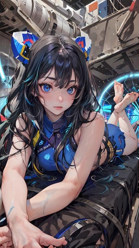 (masterpiece, best quality:1.2), (1girl:1.1), solo, (black long hair with blue shadow:1.2), (dim lighting, tunnel, particle accelerator:1.2), gray eyes, vey tight blue metallic suit with white details, concentrated look, electric cables, <lora:detail_slider_v4:1.4> <lora:Zerk_Lying_Pose:1>, lying, feet, barefoot, crossed, soles, up 