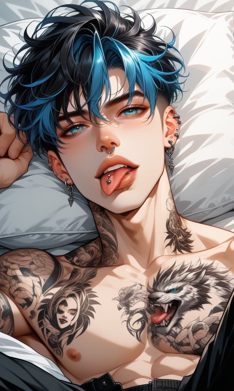 solo, looking at viewer, short hair, bangs, blue eyes, black hair, 1boy, jewelry, blue hair, upper body, male focus, multicolored hair, earrings, lying, parted lips, tongue, pants, tongue out, on back, aqua eyes, pillow, tattoo, muscular, black pants, piercing, pectorals, ear piercing, topless male, arm tattoo, tongue piercing, nose piercing, lip piercing<lora:MarvelFboi1.3:1>