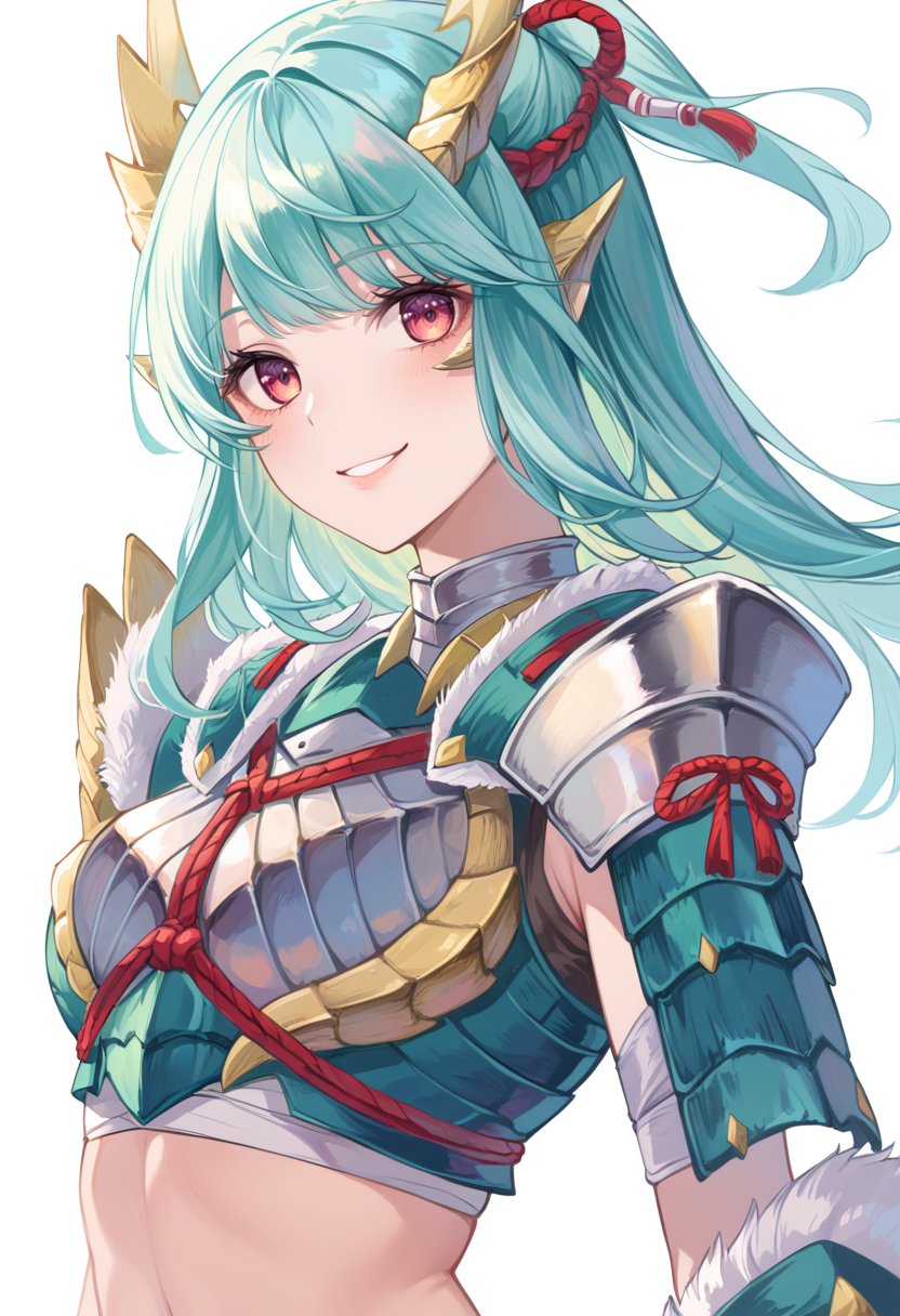 (score_9:0.9),score_8_up,score_7_up,rating_safe,anime style,(zPDXL),<lora:Zinogre armor ponyXL v2:0.83>,Zinogre armor,1girl,solo,long hair,green hair,white background,smile,simple background,looking at viewer,aqua hair,bangs,upper body,