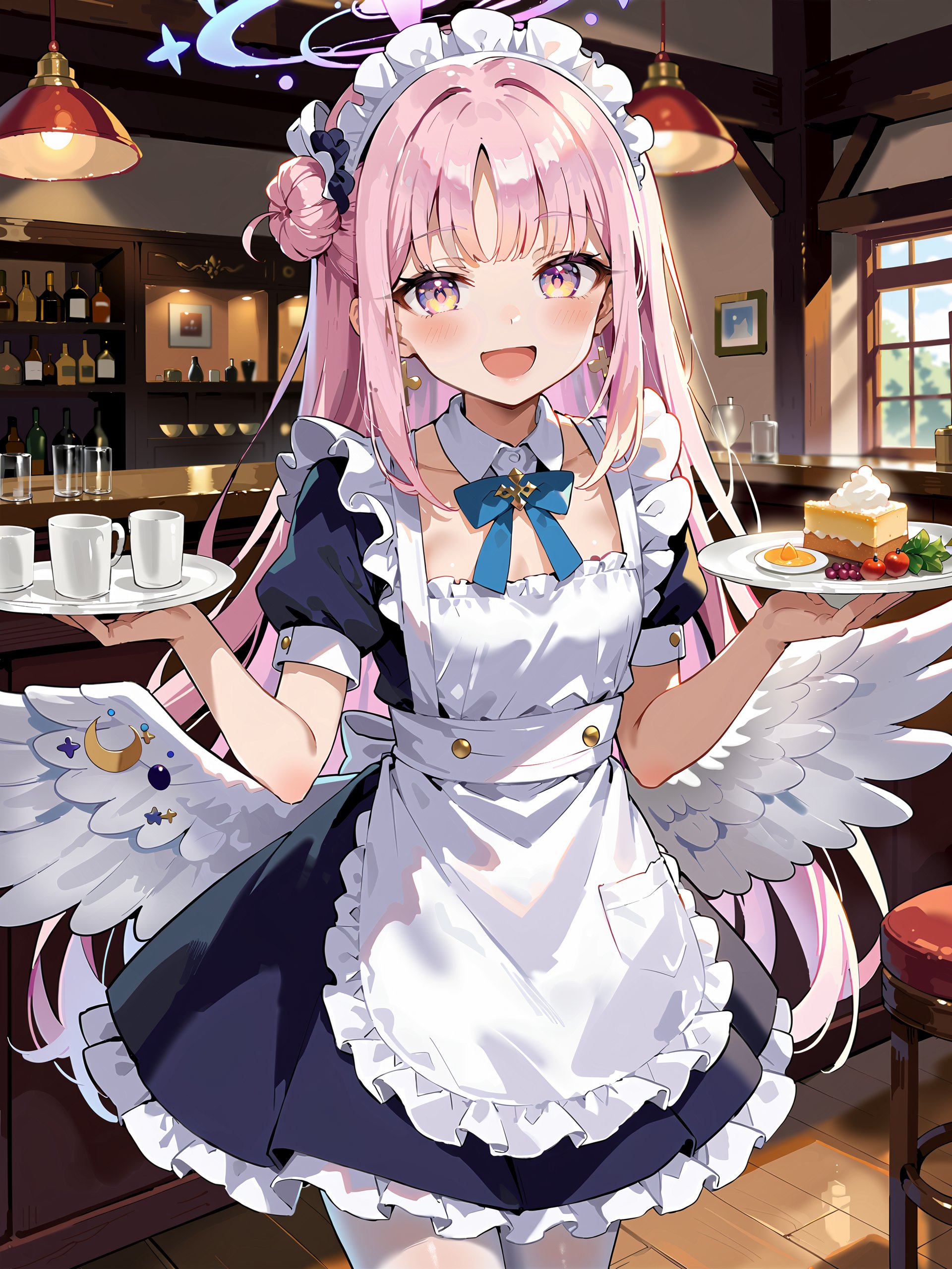 score_9, score_8_up, score_7_up, source_anime, 1girl, mika \(blue archive\), solo, halo, low wings, single side bun, maid, maid headdress, maid apron, smile, flat chest, white pantyhose, open mouth, blush, smile, open mouth, holding plate, looking at viewer, cowboy shot, bar \(place\), indoors, depth of field  <lora:Char-BlueArchive-Mika-Pony-V1:0.9>