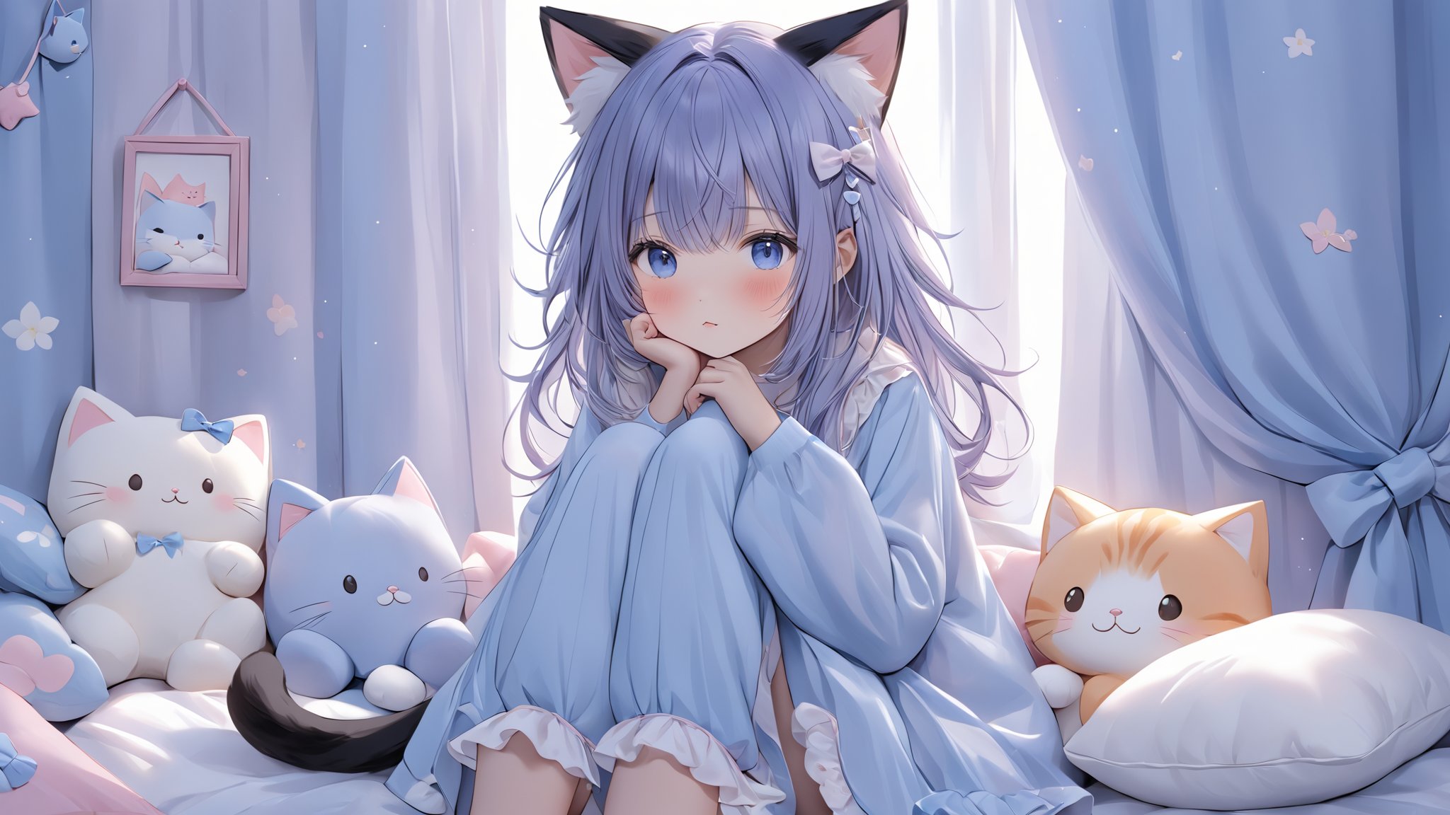 1girl, animal ears, bloomers, blue eyes, blush, cat ears, cat girl, cat tail, curtains, hair ornament, long hair, pillow, sleeves past wrists, stuffed animal, stuffed cat, stuffed toy, tail, underwear