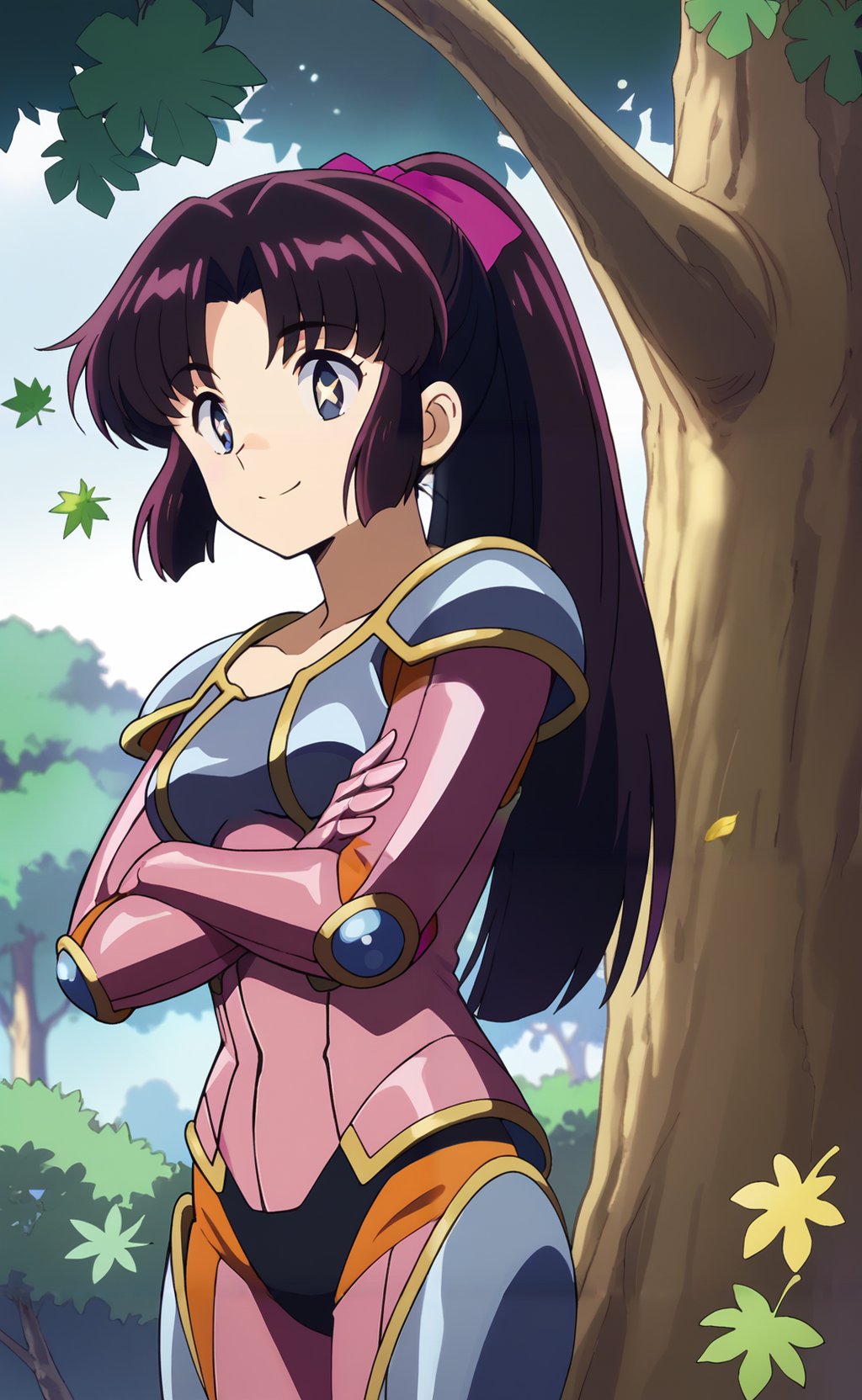 score_9, score_8_up, score_7_up,  <lora:asuka_mizunokoji:1>, urusei_asukaxl, armor, ponytail, blue eyes, symbol-shaped pupils, star \(symbol\), long hair, purple hair, black hair, two-tone hair, retroart style, 1980s \(style\), crossed arms, light smile, wind, hair wagging, falling leaves, tree, sunset, standing, cowboy shot, 