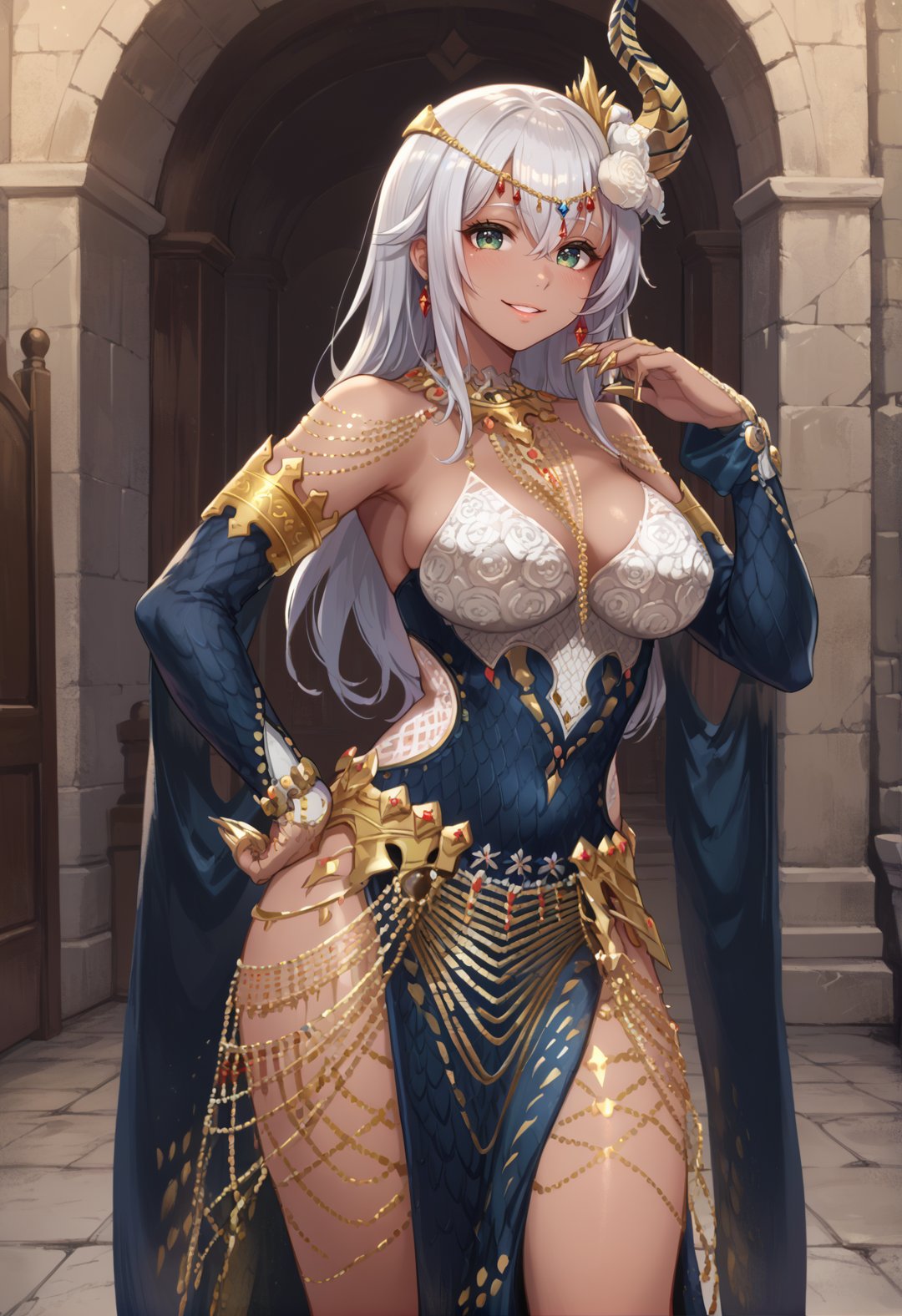 (score_9:0.9),score_8_up,score_7_up,rating_safe,anime style,(zPDXL),<lora:EX Kulve Taroth Beta Armor ponyXL v1.4:0.72>,1girl,solo,gold backless dress,long hair,large breasts,smile,hand on hip,gold detached sleeves,single horn hair ornament,parted lips,gold pelvic curtain,hair between eyes,ring,cleavage,blush,thighs,legs,ex kulve taroth beta armor,gold claw ring,gold castle,silver hair, dark-skinned female, 