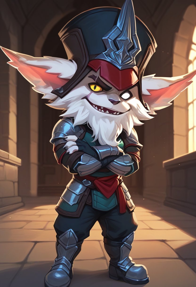 score_9, score_8_up, score_7_up, score_6_up, kl3d, 1boy, yordle, male focus, yellow eyes, white eye,scar across eye, one-eyed, facial hair, beard,  hat, black headwear, ears through headwear, armor, gloves, fingerless gloves, pants, boots , <lora:Kled_Default_v1:0.7>, castle, indoors, (raised eyebrow), crossed arms