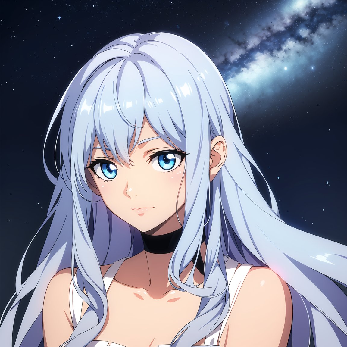 best quality,Pastel Color Palette,illustration,glowing stars,blue starry sky,a young beautiful girl,Long Hair,marginal light,movie lighting effects,Front,