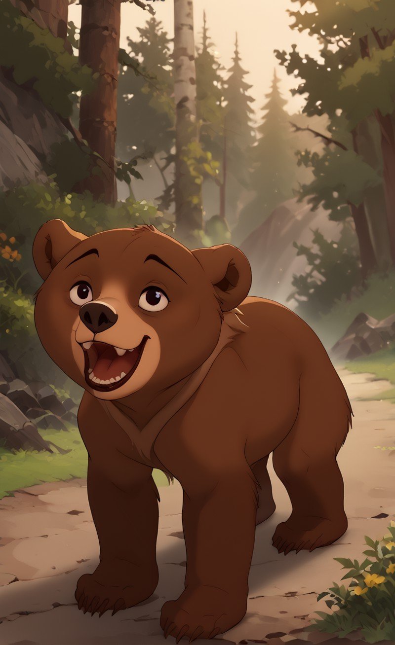 realistic, score_9, score_8_up, score_7_up, score_6_up, score_5_up, score_4_up, BREAK, source_anime, hyperrealistic, Koda a bear, view from behind, standing on hind legs, looking behind him, looking happy, Koda <lora:OtherStyle_02:1> <lora:Koda1:1> Koda, Brother bear