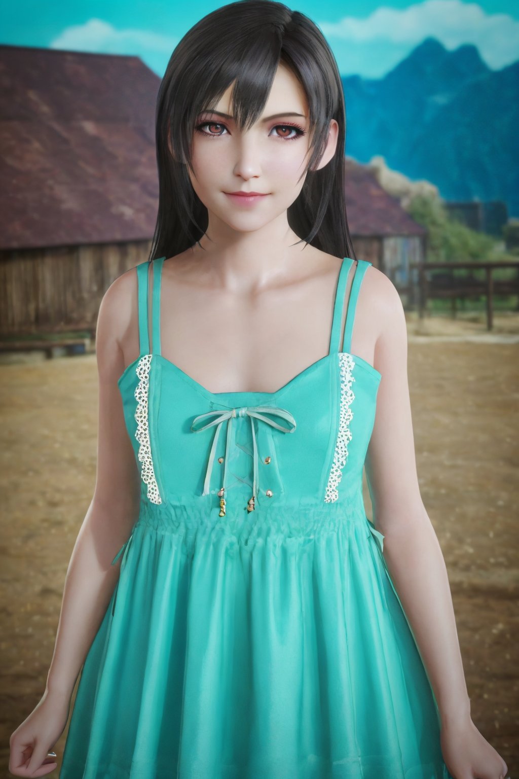 best quality, masterpiece, highres, detailed eyes, detailed face,ultra detailed, (cowboy shot:1.2), day, outdoors, solo focus,tifa teen, solo, looking at viewer, realistic, tifa_aqua_dress, standing, little smile,