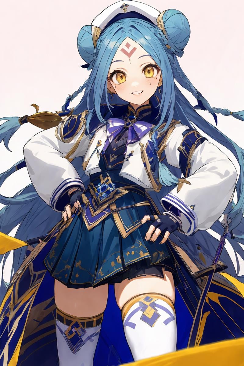 <lora:希夕莉:0.8> 1girl, 1girl, solo, hat, braid, long hair,blue hair, thighhighs, smile, yellow eyes, looking at viewer, gloves, hair bun,  skirt, fingerless gloves, long sleeves, double bun, white thighhighs, forehead mark, hand on hip, white headwear, facial mark, masterpiece, best quality,intricate details