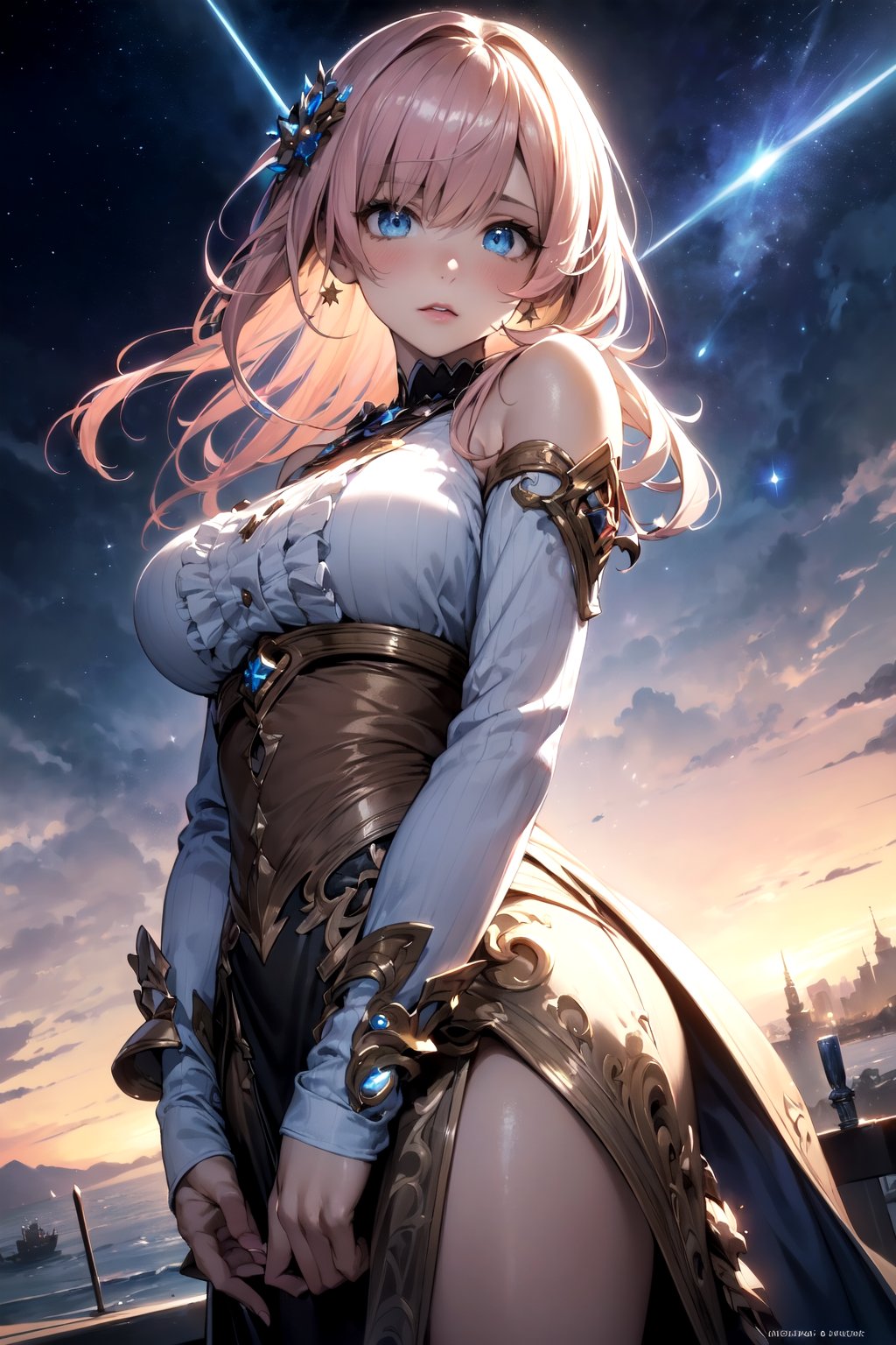 ((masterpiece,best quality,illustration,oil painting,wallpaper 8k CG)),extremely detailed,style girl,beautiful detailed deep eyes,cinematic lighting,(an extremely delicate and beautiful,realistic),highres,official art,extremely detailed CG unity 8k wallpaper,intricate light,large breasts,light grey very_long_hair,scifi hair ornaments,beautiful detailed sky,beautifuldetailed water,(very long sleeves),frills,close to viewer,((starry sky)),star river,array stars,Holy,noble,Concept Art,vary blue and red and orange and pink hard light,dynamic hair,haircut,dynamic fuzziness,beautiful and aesthetic,dramatic angle,