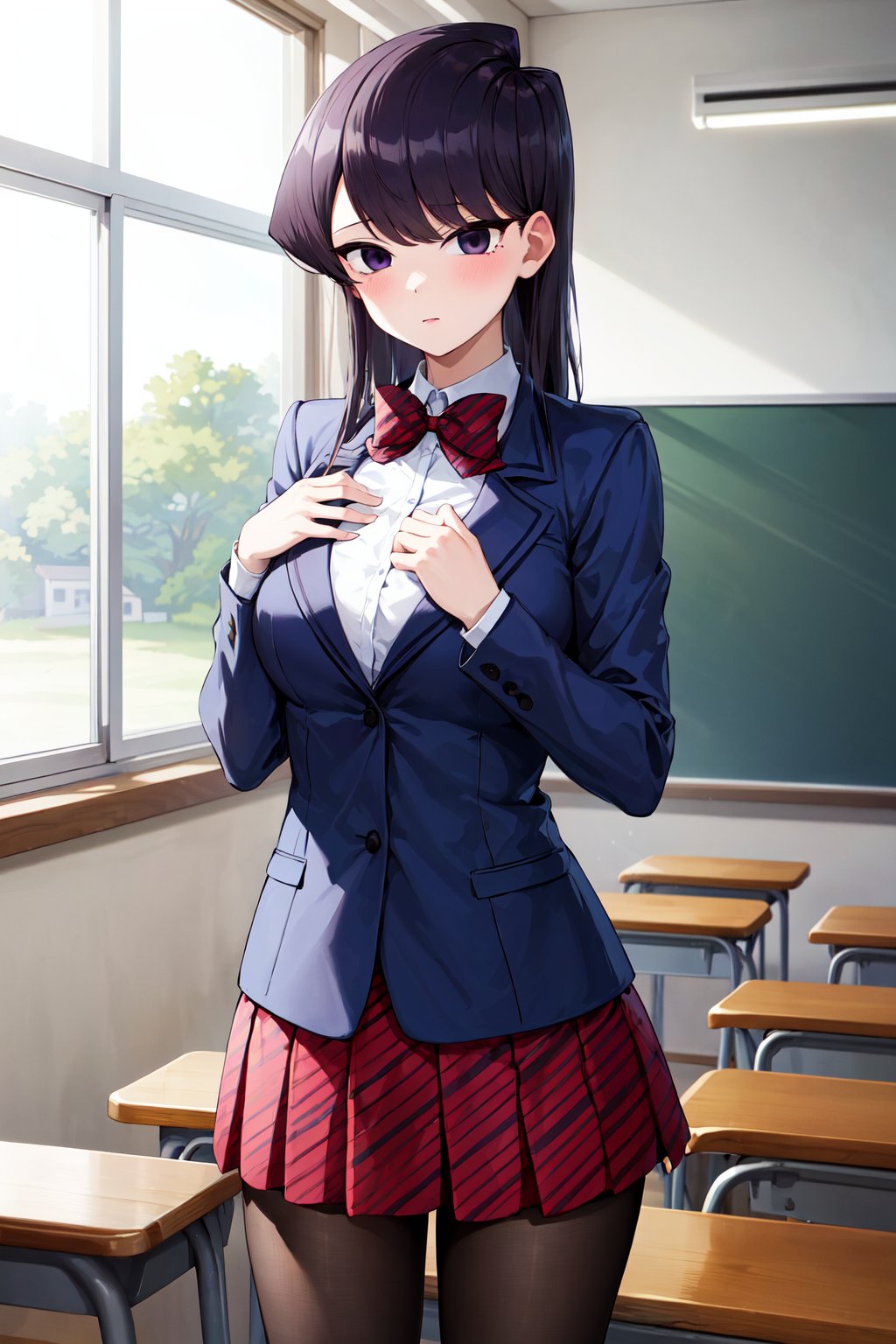 masterpiece, best quality, highres, aashouko, long hair, breasts, school uniform, striped bowtie, red bowtie, blazer, blue jacket, long sleeves, pleated skirt, striped skirt, red skirt, black pantyhose, <lora:komi_shouko_v1:0.7>, classroom, standing, cowboy shot, hands on own chest, 