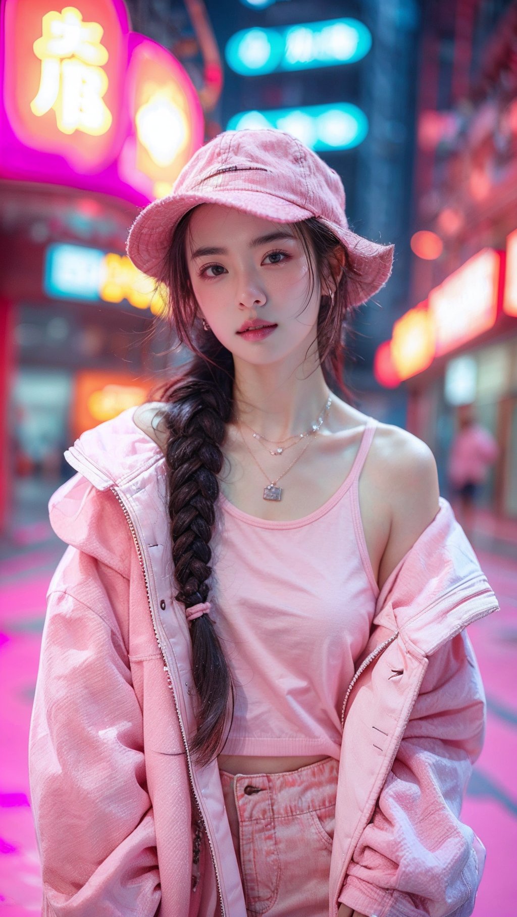 sdmai，fenfen, 1girl, solo, jewelry, hat, long hair, blurry background, realistic, braid, blurry, necklace, neon lights, brown hair, parted lips, hair over shoulder, brown eyes, looking at viewer, pink shirt, ring, outdoors, jacket, pink jacket <lora:SDMAI粉粉fenfen:0.7>