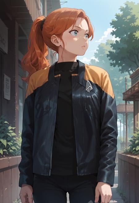 core_9, score_8_up, score_7_up, score_6_up, 1girl,scenery,ginger,ponytail,pcdjck,Star trek jacket,yellow shoulders,black shirt,<lora:PicardJacketPony>