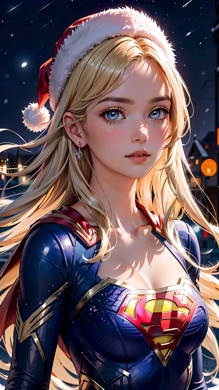 (best quality, masterpiece, colorful, dynamic angle, highest detailed)(Supergirl), upper body photo, fashion photography of cute blonde long hair girl (Supergirl), dressing high detailed Supergirl suit, Santa Clauss hat, (high resolution textures), in dynamic pose, bokeh, (intricate details, hyperdetailed:1.15), detailed, moonlight passing through hair, perfect snowing night, (fantasy background), (official art, extreme detailed, highest detailed), HDR+