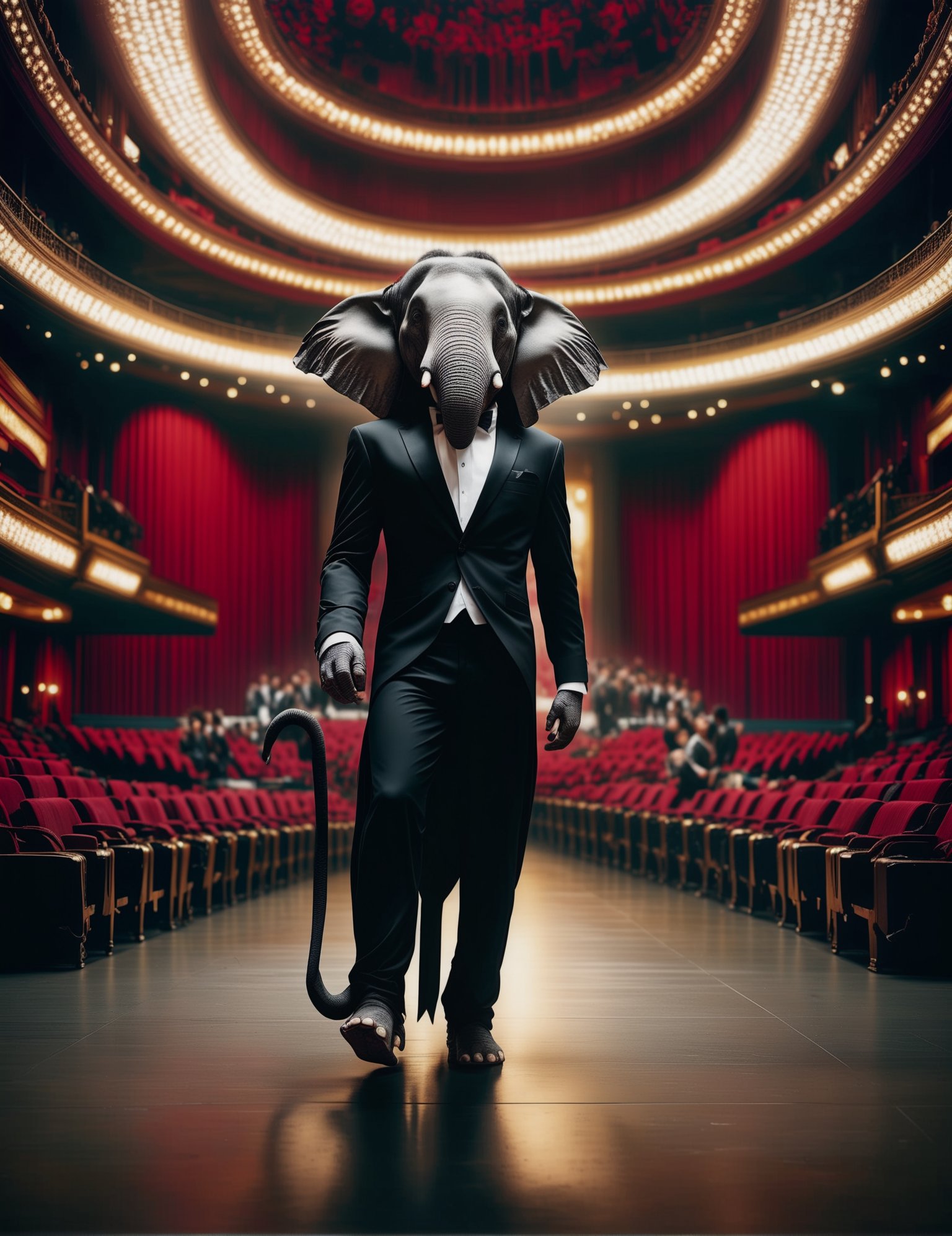 Wide angle photorealistic raw photography, (Solo figure in Formal Black Tie Attire:1.3), Off-center composition, Standing pose, (Long-sleeved attire:1.2), Vast Empty Theatres During Intermission setting, Artistic whisker details, Casual yet captivating.<lora:Human Cat XL-09:1>(hmnzct Elephant:1.3), 