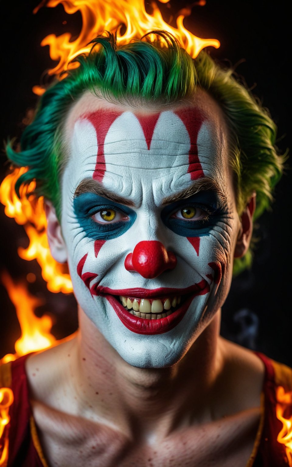 (best quality, 4K, 8K, high-resolution, masterpiece), ultra-detailed, realistic, photorealistic, portrait of a man with clown makeup, half face on fire, split face, intense expression, dynamic lighting, fiery sparks, dark background, dramatic contrast, detailed facial features, burning effect, green hair, white face paint, red lips, sinister smile, high detail, high resolution, cinematic composition, ethereal atmosphere, glowing eyes, fire and smoke.
