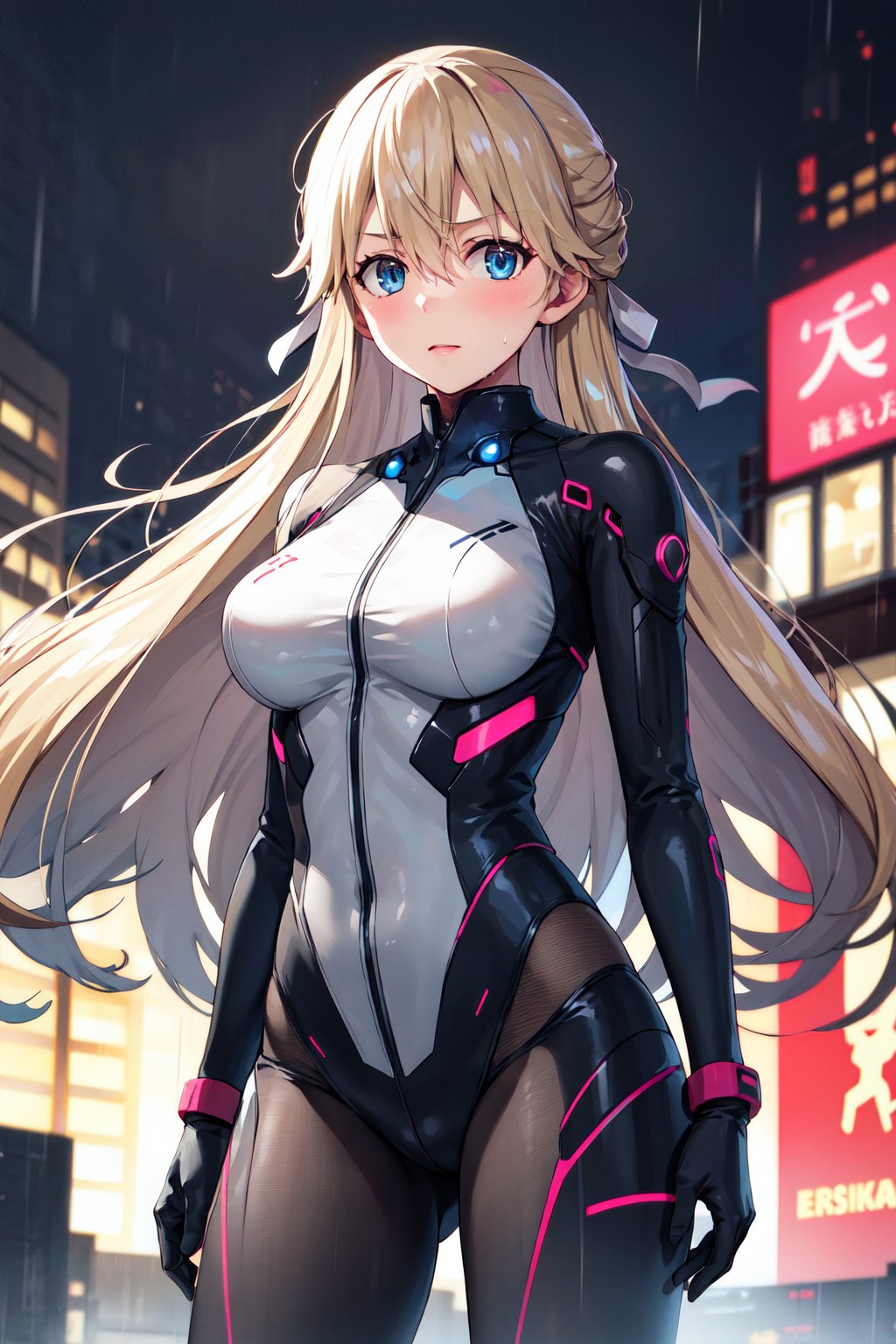 masterpiece, best quality, highres, 1girl, solo, long hair, blonde hair, hair ribbon, bangs, blue eyes, <lora:nanase_tsubasa_v1:0.7>, cyberpunk, bodysuit, gloves, night, city, standing, rain, wet,