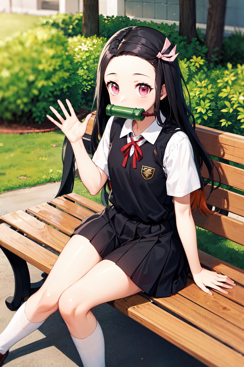 masterpiece, best quality, highres, aanezuko, long hair, multicolored hair, hair ribbon, bit gag, mouth hold, <lora:kamado_nezuko_v1:0.7>, school uniform, short sleeves, outdoors, bench, sitting, waving