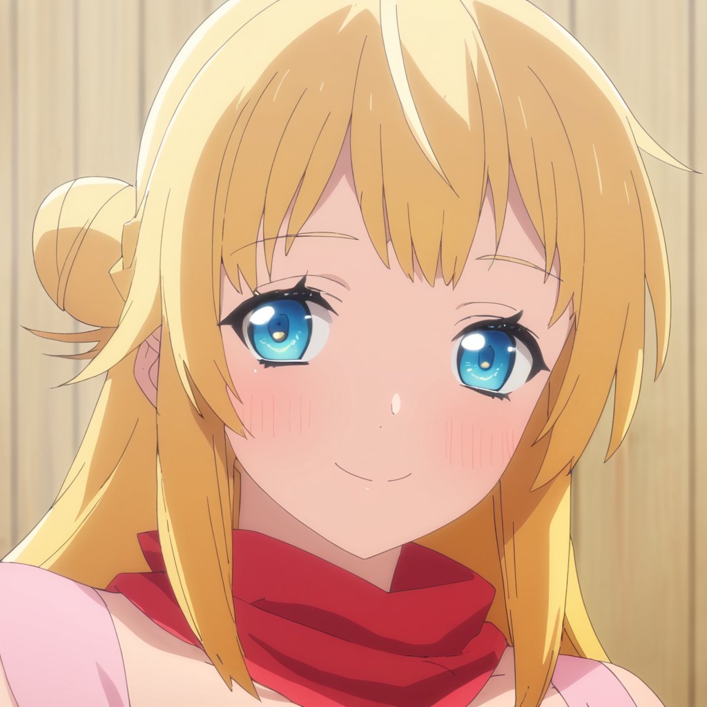 score_9, score_8_up, score_7_up, score_6_up, score_5_up, score_4_up, source_anime,ritto, single hair bun, 1girl, blonde hair, solo, blue eyes, long hair, smile, looking at viewer, hair bun, blush, closed mouth, red scarf, portrait, wooden wall,masterpiece, perfect face, best quality, beautiful girl, cute girl, beautiful eyes, shiny eyes, anime coloring, anime screencap, absurdres, award winning, <lora:ritto s2 WAI 902:0.8>