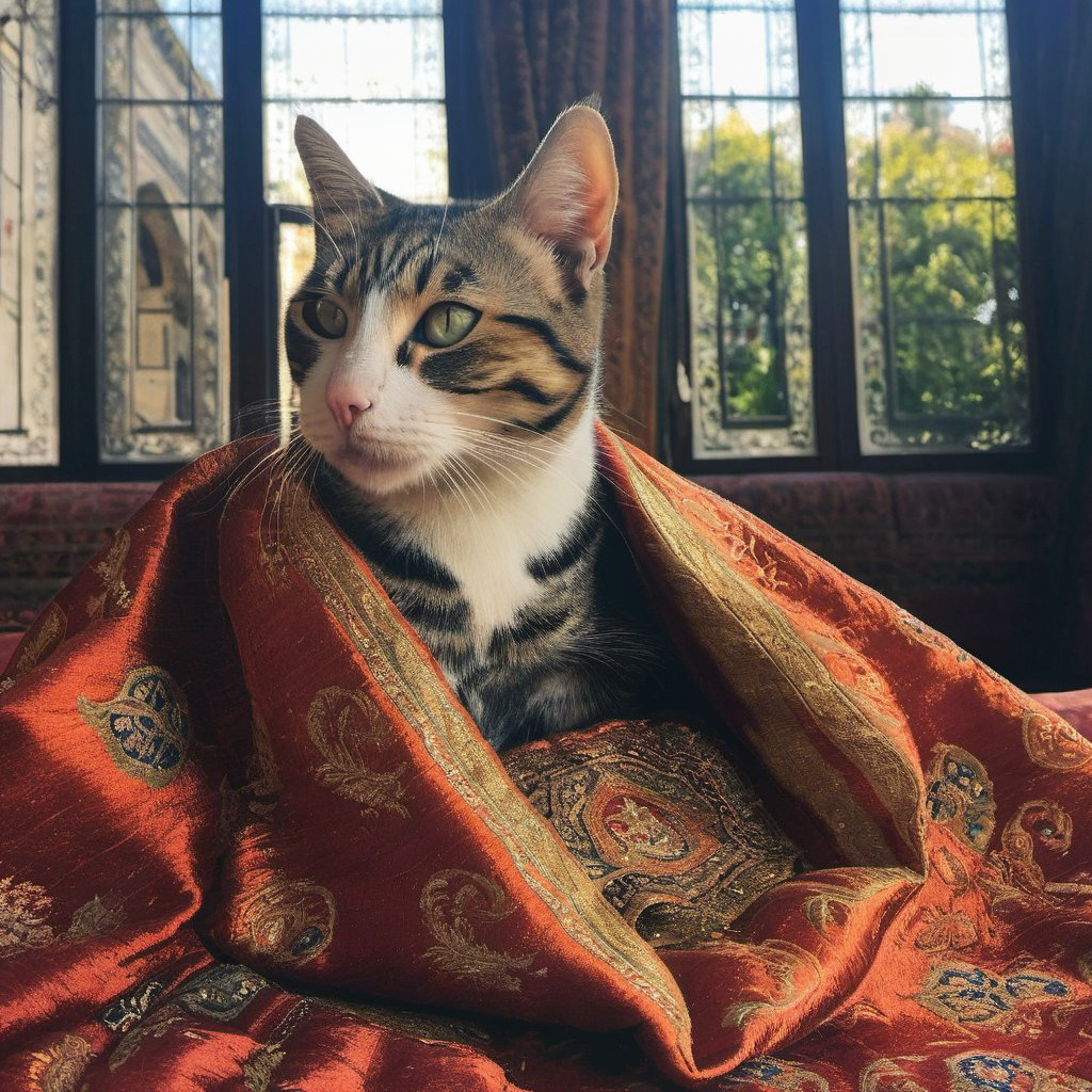 During the golden age of the Ottoman Empire, my cat, draped in luxurious textiles, enjoys the company of Suleiman the Magnificent, sharing the opulence of the Topkapi Palace.