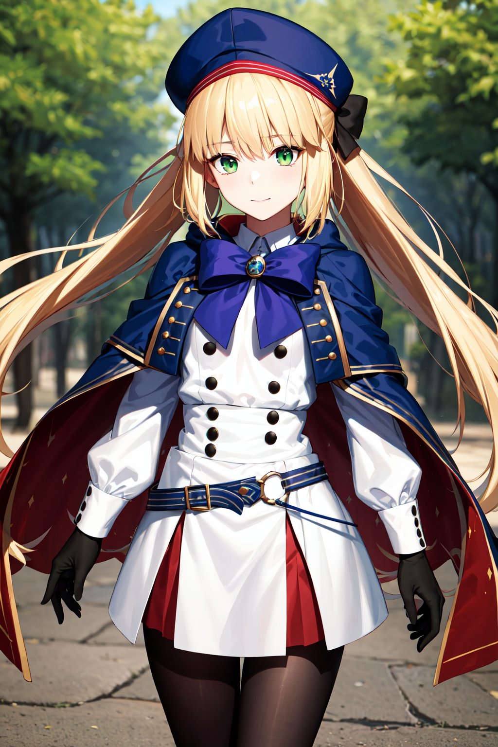 masterpiece, best quality, highres, bbcaster, long hair, twintails, beret, blue headwear, green eyes, blue cape, bowtie, white dress, long sleeves, black gloves, buttons, double-breasted, blue belt, black pantyhose, <lora:artoria_caster_(caster)_v1:0.7>, standing, cowboy shot, outdoors